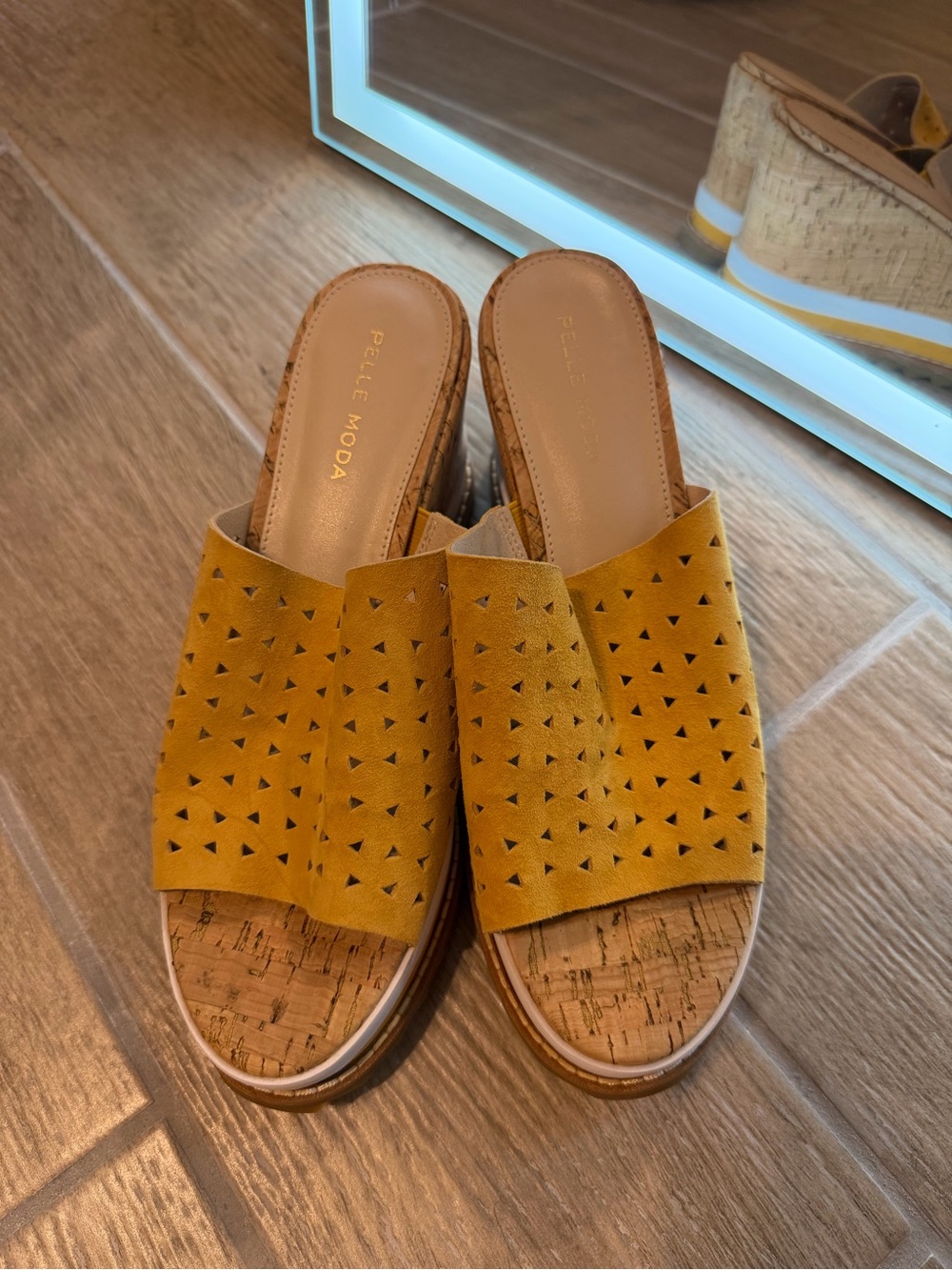Pelle Moda Mustard Yellow Perforated Wedge Slide - Picture 4 of 5